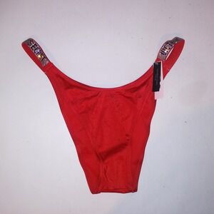 Victoria Secret Swim Bikini Bottom XL Red Shine Strap Logo Brazilian Bling New